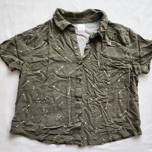 Short Sleeve Button Down Shirt Arrow Green NOBO Juniors Sz Med to LG